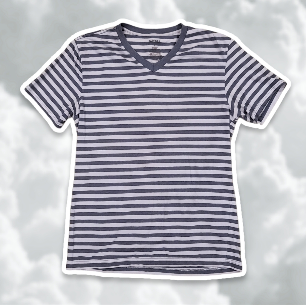 Express Large Gray White Stripe V-Neck Short Sleeve T-Shirt